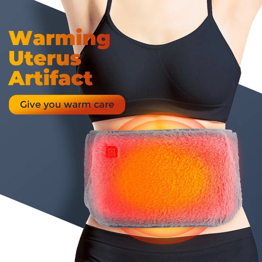 Warming uterus artifact being worn on a person's abdomen with a gradient background. heating pad for cramps